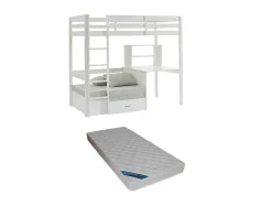 Vente-unique Kinderbed-Hoogslaper 90 X 200 Cm Met Bureau, Slaapbank En Opbergruimte - Massief Grenen - Gebleekt + Matras - Goliath Iii