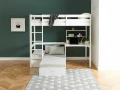 Vente-unique Kinderbed-Hoogslaper 90 X 200 Cm Met Bureau, Slaapbank En Opbergruimte - Massief Grenen - Gebleekt + Matras - Goliath Iii