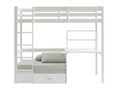 Vente-unique Kinderbed-Hoogslaper 90 X 200 Cm Met Bureau, Slaapbank En Opbergruimte - Massief Grenen - Gebleekt + Matras - Goliath Iii