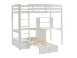 Vente-unique Kinderbed-Hoogslaper 90 X 200 Cm Met Bureau, Slaapbank En Opbergruimte - Massief Grenen - Gebleekt + Matras - Goliath Iii