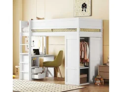 Vente-unique Kinderbed-Hoogslaper 90 X 200 Cm Met Bureau + 2 Laden - Kledingkast Met Schuifdeur - Mdf Hout - Wit
