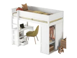 Vente-unique Kinderbed-Hoogslaper 90 X 200 Cm Met Bureau + 2 Laden - Kledingkast Met Schuifdeur - Mdf Hout - Wit