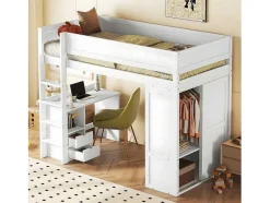 Vente-unique Kinderbed-Hoogslaper 90 X 200 Cm Met Bureau + 2 Laden - Kledingkast Met Schuifdeur - Mdf Hout - Wit