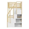 Vente-unique Kinderbed Hoogslaper-Hoogslaper 90 X 200 Cm Met Grote Kledingkast, Bureau, Boekenkast, Trap En Lades, Alles-In-Een, Mdf Hout, Wit + Eiken