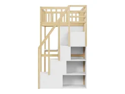Vente-unique Kinderbed Hoogslaper-Hoogslaper 90 X 200 Cm Met Grote Kledingkast, Bureau, Boekenkast, Trap En Lades, Alles-In-Een, Mdf Hout, Wit + Eiken