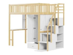 Vente-unique Kinderbed Hoogslaper-Hoogslaper 90 X 200 Cm Met Grote Kledingkast, Bureau, Boekenkast, Trap En Lades, Alles-In-Een, Mdf Hout, Wit + Eiken