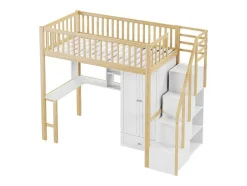 Vente-unique Kinderbed Hoogslaper-Hoogslaper 90 X 200 Cm Met Grote Kledingkast, Bureau, Boekenkast, Trap En Lades, Alles-In-Een, Mdf Hout, Wit + Eiken
