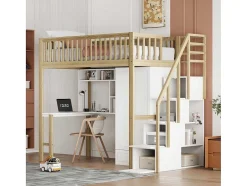 Vente-unique Kinderbed Hoogslaper-Hoogslaper 90 X 200 Cm Met Grote Kledingkast, Bureau, Boekenkast, Trap En Lades, Alles-In-Een, Mdf Hout, Wit + Eiken