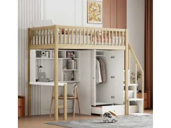 Vente-unique Kinderbed Hoogslaper-Hoogslaper 90 X 200 Cm Met Grote Kledingkast, Bureau, Boekenkast, Trap En Lades, Alles-In-Een, Mdf Hout, Wit + Eiken