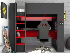 Vente-unique Kinderbed Hoogslaper-Hoogslaper Gamer Noah Met Bureau En Opbergruimtes - 90 X 200 Cm - Met Led'S - Antraciet En Rood