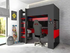 Vente-unique Kinderbed Hoogslaper-Hoogslaper Gamer Noah Met Bureau En Opbergruimtes - 90 X 200 Cm - Met Led'S - Antraciet En Rood