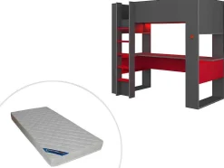 Vente-unique Kinderbed Hoogslaper-Hoogslaper Gamer Noah Met Bureau En Opbergruimtes - 90 X 200 Cm - Met Led'S - Antraciet En Rood + Matras