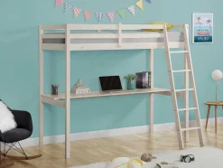 Vente-unique Kinderbed Hoogslaper-Hoogslaper Gedeon - 90 X 190 Cm - Met Bureau - Massief Grenen - Gebleekt
