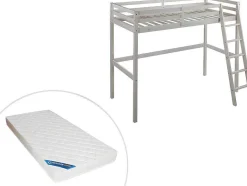 Vente-unique Kinderbed Hoogslaper-Hoogslaper Gedeon Ii - 90 X 190 Cm - Massief Grenen - Gebleekt + Matras