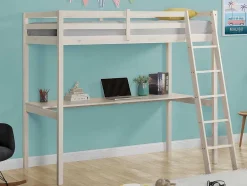 Vente-unique Kinderbed Hoogslaper-Hoogslaper Gedeon Ii - 90 X 190 Cm - Met Bureau - Massief Grenen - Gebleekt + Matras
