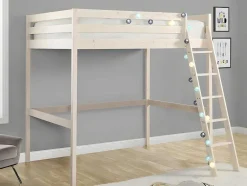 Vente-unique Kinderbed Hoogslaper-Hoogslaper Gedeon Ii - 140 X 190 Cm - Massief Grenen - Gebleekt + Matras