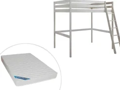 Vente-unique Kinderbed Hoogslaper-Hoogslaper Gedeon Ii - 140 X 190 Cm - Massief Grenen - Gebleekt + Matras