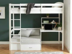 Vente-unique Kinderbed-Hoogslaper Goliath Ii Met Bureau, Bedbank En Opbergruimte - 90 X 200 Cm - Massief Grenen - Gebleekt