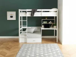 Vente-unique Kinderbed-Hoogslaper Goliath Ii Met Bureau, Bedbank En Opbergruimte - 90 X 200 Cm - Massief Grenen - Gebleekt