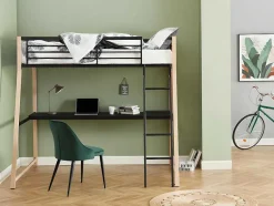 Vente-unique Kinderbed Hoogslaper-Hoogslaper Malicia - 90 X 190 Cm - Met Hoekbureau - Zwart En Eiken