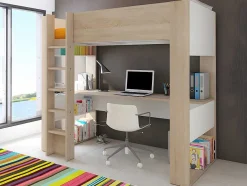 Vente-unique Kinderbed Hoogslaper-Hoogslaper Met Bureau En Opbergruimte - 90 X 200 Cm - Eik En Wit + Matras - Noah Ii