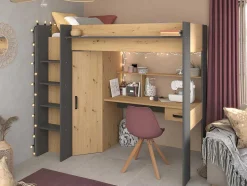 Vente-unique Kinderbed Hoogslaper-Hoogslaper Met Bureau En Kast - 90X200Cm - Naturel En Antraciet - Auckland