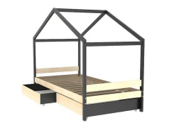 Vente-unique Kinderbed-Hutbed Elfia - 2 Laden - 90 X 190 Cm - Massief Grenen - Naturel En Zwart