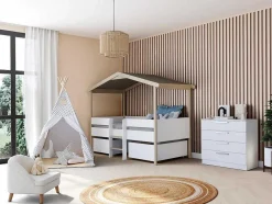 Vente-unique Kinderbed-Hutbed Sarosi Met Laden - 90 X 190 Cm - Linden - Wit En Eiken