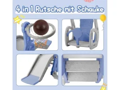 Vente-unique Spel Voor Buiten-4-In-1 Glijbaan Met Schommel En Basketbalstandaard Voor Kinderen, Klimladder, Voor Binnen En Buiten, Blauw