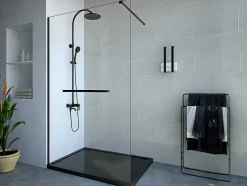 Shower & Design Douchewand-Inloopdouchescherm Met Handdoekhouder - 120 X 200 Cm - Mat Zwart - Gehard Glas - Kristen