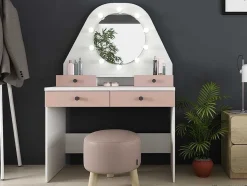 Vente-unique Kaptafels-Kaptafel Gabriela - Spiegel Met Ledverlichting En Opbergruimtes - Wit En Roze