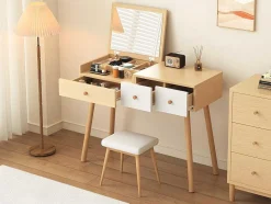ModernLuxe Kaptafels-Kaptafel Met Opbergspiegel, 3 Laden, Meerdere Opbergvakken, Grote Opbergcapaciteit - Naturel (Kruk Niet Inbegrepen)