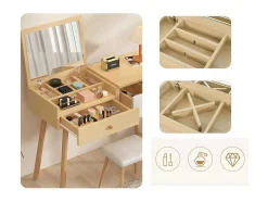 ModernLuxe Kaptafels-Kaptafel Met Opbergspiegel, 3 Laden, Meerdere Opbergvakken, Grote Opbergcapaciteit - Naturel (Kruk Niet Inbegrepen)