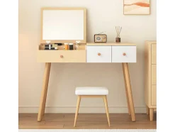 ModernLuxe Kaptafels-Kaptafel Met Opbergspiegel, 3 Laden, Meerdere Opbergvakken, Grote Opbergcapaciteit - Naturel (Kruk Niet Inbegrepen)