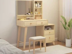 ModernLuxe Kaptafels-Kaptafel Met Spiegel - 4 Open Vakken En 4 Grote Lades - Naturel (Kruk Niet Inbegrepen)