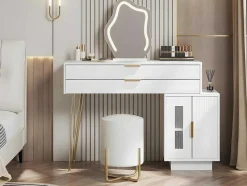 ModernLuxe Kaptafels-Kaptafel Met Spiegel En Led-Verlichting - 2 Lades En Een Uitneembare Kast - Wit (Kruk Niet Inbegrepen)