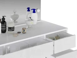 Vente-unique Kaptafels-Kaptafel Met Spiegel En Ledverlichting - 5 Lades - Glanzend Wit - Jenemi