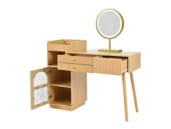 ModernLuxe Kaptafels-Kaptafel Met Spiegel En Led-Verlichting - 3 Lades En Een Zijkastje - Naturel (Kruk Niet Inbegrepen)