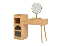 ModernLuxe Kaptafels-Kaptafel Met Spiegel En Led-Verlichting - 3 Lades En Een Zijkastje - Naturel (Kruk Niet Inbegrepen)