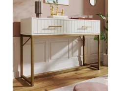 ModernLuxe Kaptafels-Kaptafel Versierd Met Verticale Strepen - H 75 Cm - Met 2 Laden En Metalen Onderstel - Wit
