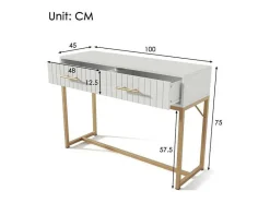 ModernLuxe Kaptafels-Kaptafel Versierd Met Verticale Strepen - H 75 Cm - Met 2 Laden En Metalen Onderstel - Wit