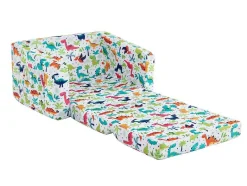Vente-unique Uitklapbare Fauteuil-Kinderfauteuil Van Fluweel Met Dinosaurus Motieven - Wit - Almagro