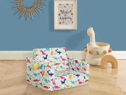 Vente-unique Uitklapbare Fauteuil-Kinderfauteuil Van Fluweel Met Dinosaurus Motieven - Wit - Almagro