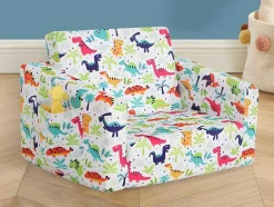 Vente-unique Uitklapbare Fauteuil-Kinderfauteuil Van Fluweel Met Dinosaurus Motieven - Wit - Almagro