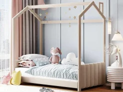ModernLuxe Fluwelen Bed-Kinderhutbed 90X200Cm In Fluweel - Lattenbodem - Beige