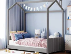 ModernLuxe Fluwelen Bed-Kinderhutbed 90X200Cm In Fluweel - Lattenbodem - Grijs