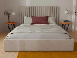 Vente-unique Tweepersoonsbed-Kofferbed En Hoofdeinde Met Verticale Stiksels - 180 X 200 Cm - Stof - Beige - Sarah