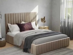PASCAL MORABITO Fluwelen Bed-Kofferbed Met Hoofdbord Met Verticale Naden - 160 X 200 Cm - Velours - Taupe - Larali - Van