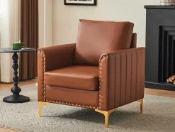 ModernLuxe Fauteuil Leer-Kunstleren Chesterfield Fauteuil Met Dik Kussen - Goud Metalen Poten - Bruin