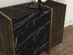 Vente-unique Ladekast-Ladekast 3 Lades En 2 Deurtjes - Zwarte Marmerlook, Donkere Houtlook En Goudkleurig - Cadeba